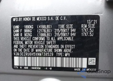 2022 Honda Hr-V Awd Ex from USA, damaged, VIN 3CZRU6H5XNM738529